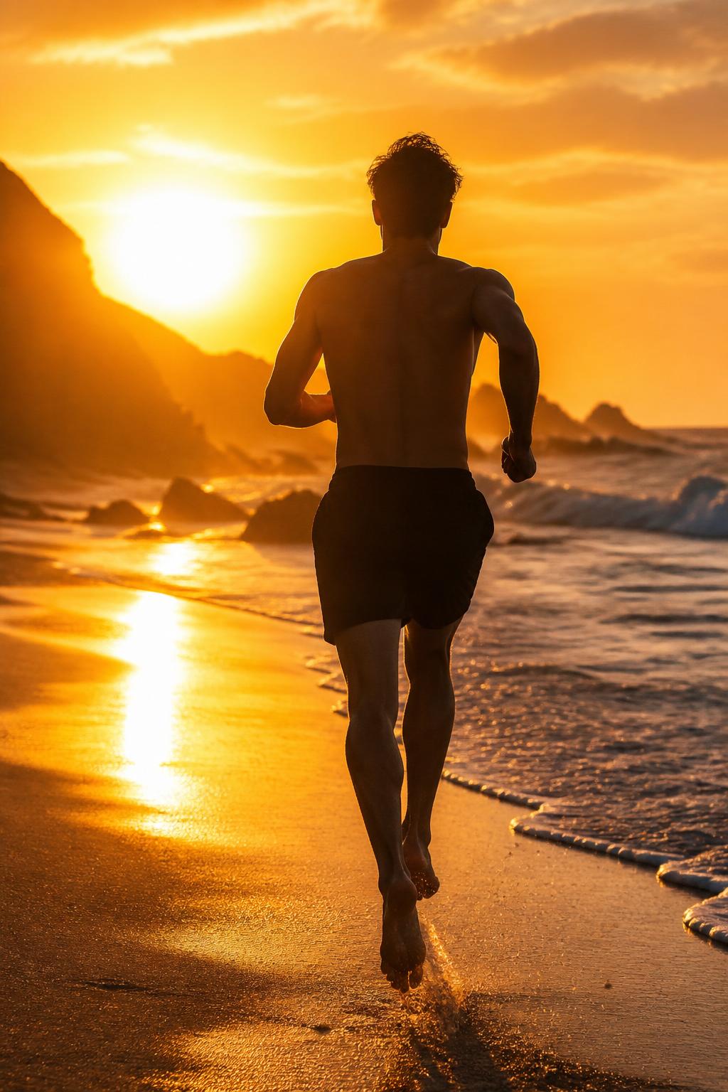 Man running on a beach at sunrise — energy and vitality