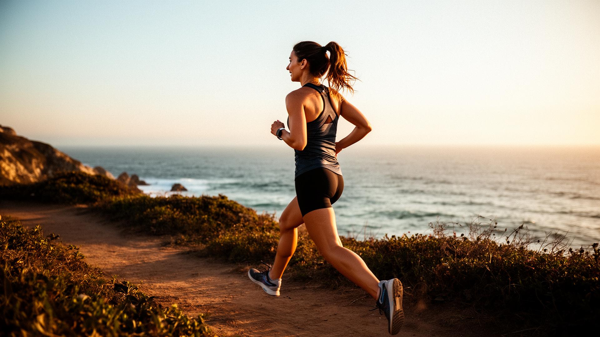 Coastal trail run at golden hour